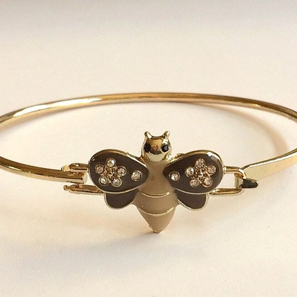 Bumble Bee Bangle Bracelet 8" Crystal Beige Enamel Gold Plated Charm - Picture 1 of 12
